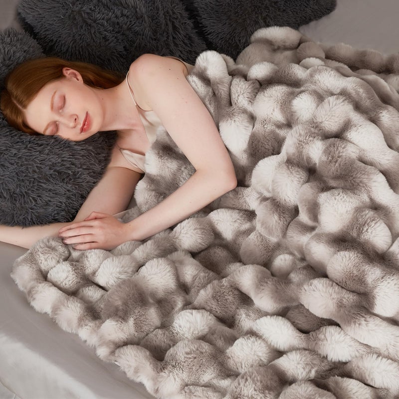 Touchat Luxury 1000GSM Faux Rabbit Fur Throw Blanket, Super Heavy Warm Cozy Brown Blankets for Couch Bed Sofa, Ruched Plush Fuzzy Elegant Soft Reversible Mink Blanket for Living Room Bedroom - Image 4