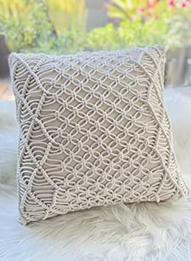 Macrame Boho Throw Pillow Gorgeous Cover for Couch, Sofa, Bed, and Bench. Cream Vinyl Color. Eco Friendly Natural Organic Cotton. 18x18 Handmade Modern Knitted Patterns.