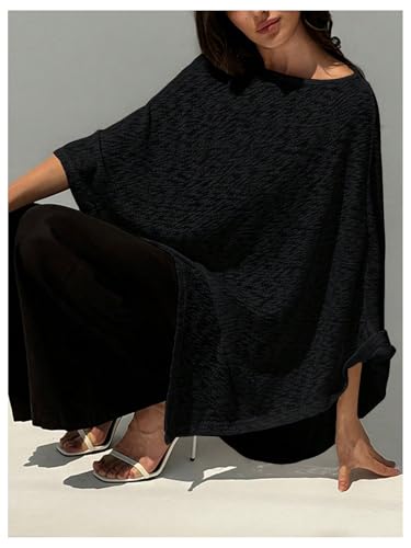 MakeMeChic Ponchos for Women Sheer Poncho Sweater Shawl Wraps Coverup Black Small - Image 3