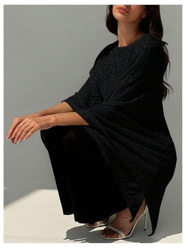 MakeMeChic Ponchos for Women Sheer Poncho Sweater Shawl Wraps Coverup Black Small - Image 4