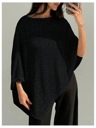 MakeMeChic Ponchos for Women Sheer Poncho Sweater Shawl Wraps Coverup Black Small - Image 5