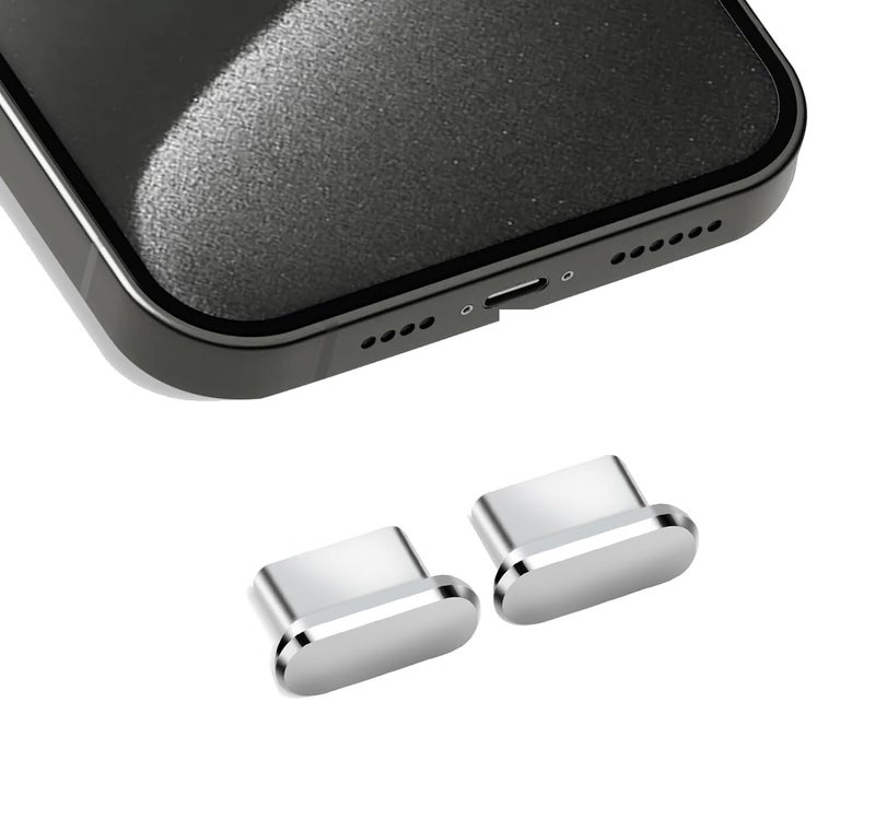 Mizi [2 Pack] USB-C Metal Anti Dust Plug Cover, Protect Charging Port from Dust and Moist with Storage Box and Cable Clip Holder for iPhone 15/16 Series - Silver - Image 1