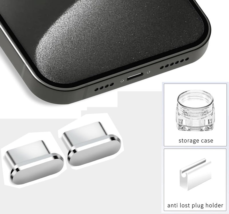 Mizi [2 Pack] USB-C Metal Anti Dust Plug Cover, Protect Charging Port from Dust and Moist with Storage Box and Cable Clip Holder for iPhone 15/16 Series - Silver - Image 2