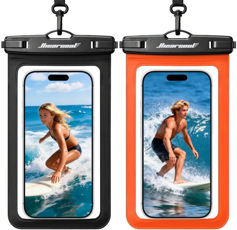 Hiearcool Waterproof Phone Pouch, Waterproof Phone Case, Waterproof Cellphone Pouch Under Water Beach Accessories for iPhone -Black&Orange -2Pack - Image 1