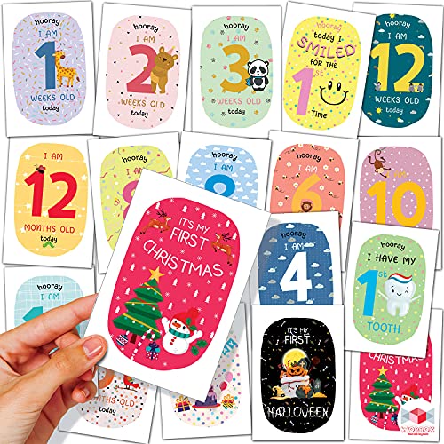 WOBBOX Baby Monthly Milestone Cards, Animal Pastel Colour, Record 0-12 Months Growth Milestones Cards, Baby Shower Gift Scrapbook Photo Keepsake Monthly Age Markers Card - Set of 18 Pieces - Image 1