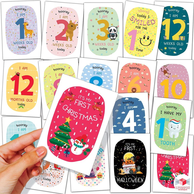 WOBBOX Baby Monthly Milestone Cards, Animal Pastel Colour, Record 0-12 Months Growth Milestones Cards, Baby Shower Gift Scrapbook Photo Keepsake Monthly Age Markers Card - Set of 18 Pieces - Image 4