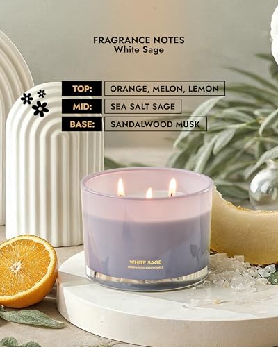 96NORTH Luxury White Sage Candle | Large 3 Wick Jar Candle | Up to 50 Hours Burning Time | 100% Natural Soy Wax | Relaxing Aromatherapy Aesthetic Candles | Housewarming Gift for Men and Women - Image 4