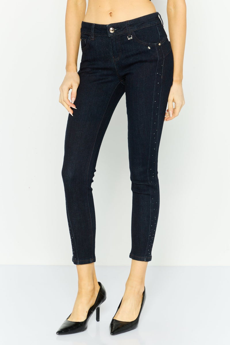 ONLY Women Mid Waist Textured Skinny Jeans, Navy - Image 1