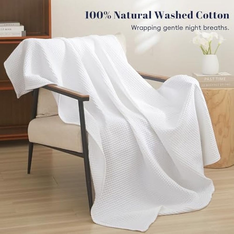 Loquat 100% Cotton Waffle Weave Blanket King Size 104 x 90- Washed Warm Soft Lightweight Breathable Throw for All Season -Perfect Blanket Layer for Couch Bed Sofa-Elegant Home Decoration-White - Image 5