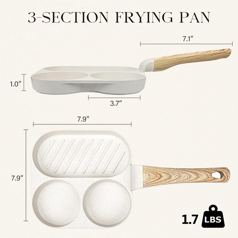 GiPP Ceramic Non Stick Egg Pan, 3-In-1 Divided Breakfast Omelette Frying Pan, 7.9" with Heat-Resistant Handle, Compatible with All Stove Tops, PFOA/POFS/PTFE Free, White - Image 5