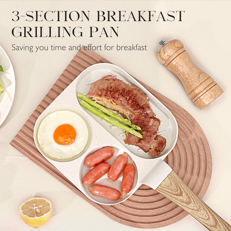 GiPP Ceramic Non Stick Egg Pan, 3-In-1 Divided Breakfast Omelette Frying Pan, 7.9" with Heat-Resistant Handle, Compatible with All Stove Tops, PFOA/POFS/PTFE Free, White - Image 3