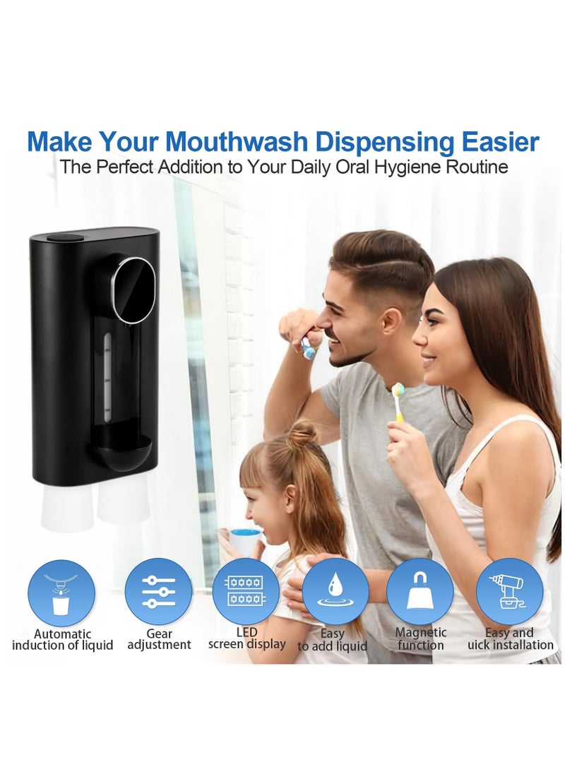 Wall Mounted Mouthwash Dispenser, Automatic Bathroom Mouth Wash Dispenser with 2 Magnetic Cups, No Drilling Needed - Ideal for Kids and adults, Sleek Black Design 540mL (19 Oz)