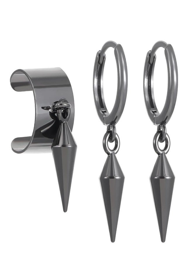 MarveBard 3 Pairs Black Punk Hoop Earrings for Women Men Vintage Geometric Screw Cone Drop Dangle Earrings Goth Y2k Small Huggie Hoop Earrings Halloween Birthday Party Jewelry (Black) - Image 1