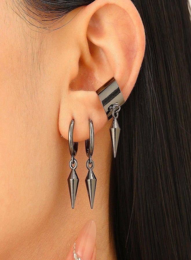 MarveBard 3 Pairs Black Punk Hoop Earrings for Women Men Vintage Geometric Screw Cone Drop Dangle Earrings Goth Y2k Small Huggie Hoop Earrings Halloween Birthday Party Jewelry (Black) - Image 2