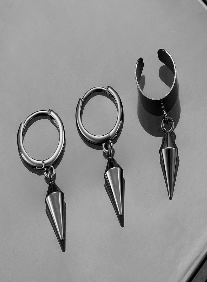 MarveBard 3 Pairs Black Punk Hoop Earrings for Women Men Vintage Geometric Screw Cone Drop Dangle Earrings Goth Y2k Small Huggie Hoop Earrings Halloween Birthday Party Jewelry (Black) - Image 3