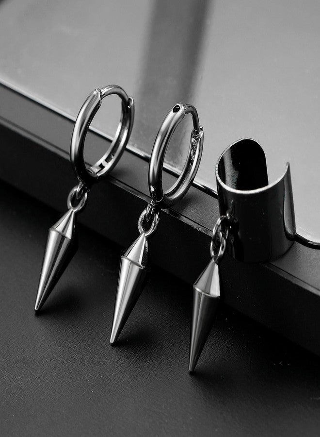 MarveBard 3 Pairs Black Punk Hoop Earrings for Women Men Vintage Geometric Screw Cone Drop Dangle Earrings Goth Y2k Small Huggie Hoop Earrings Halloween Birthday Party Jewelry (Black) - Image 5