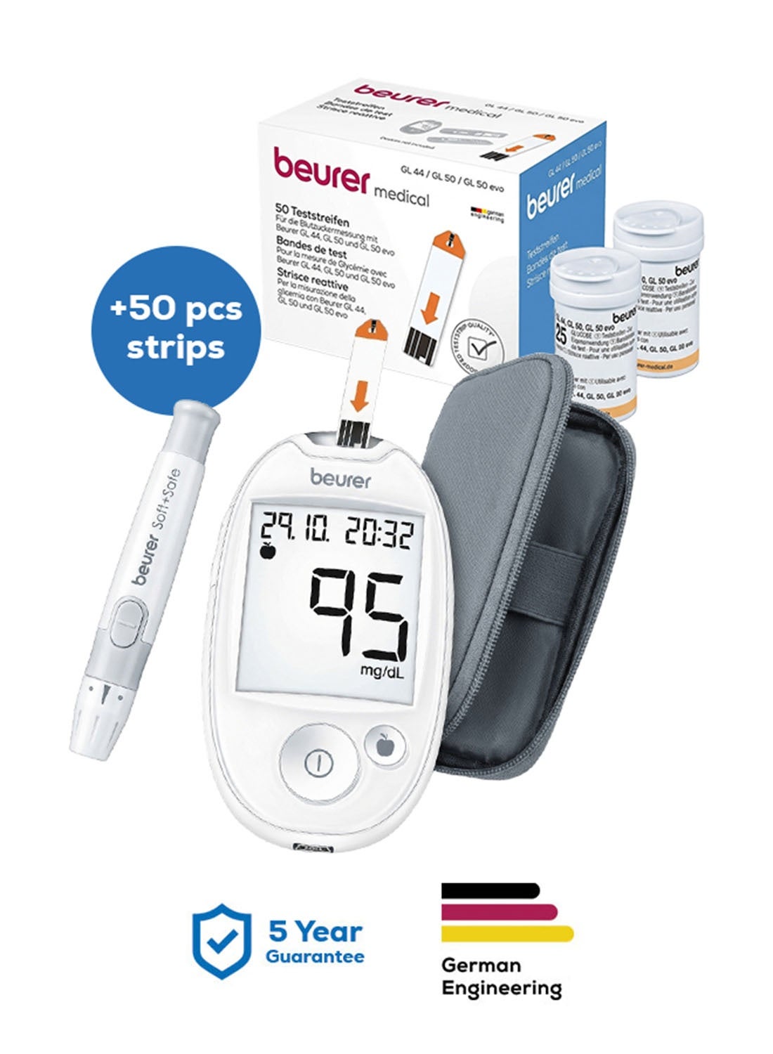 Beurer GL 50 Blood Glucose Monitor with 50 Test Strips – 5-Year Warranty | Easy-to-Use Diabetic Kit | Fast & Accurate Results for Home Monitoring