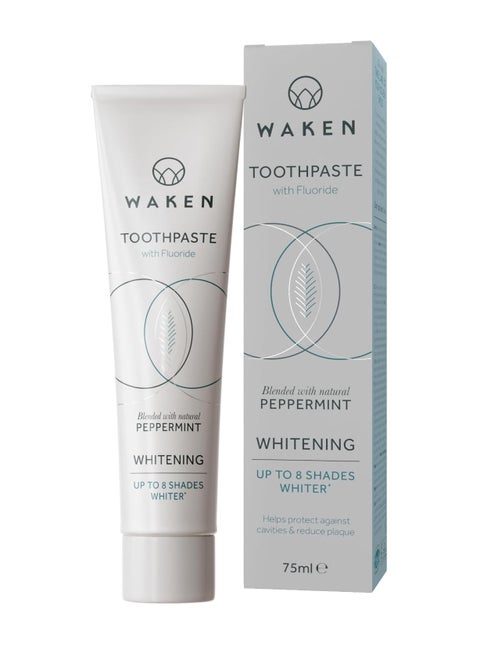 Whitening Toothpaste clinically tested whitening formula for up to 8 shades whiter teeth prevents enamel stains SLS free Vegan Friendly 100% Recyclable Natural Peppermint Flavour 75ml