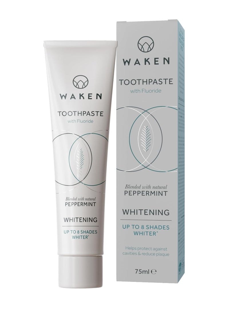 WAKE Whitening Toothpaste clinically tested whitening formula for up to 8 shades whiter teeth prevents enamel stains SLS free Vegan Friendly 100% Recyclable Natural Peppermint Flavour 75ml  - Image 1