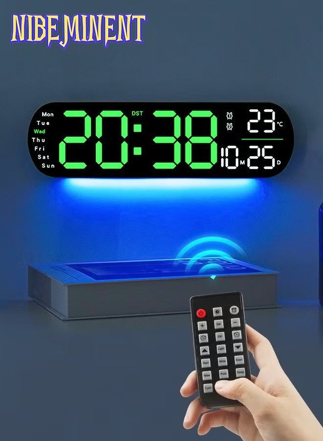 NIBEMINENT ساعة رقمية LED، ساعة حائط رقمية مع جهاز تحكم عن بعد، أضواء جو RGB مع 8 ألوان ليلية قابلة للتعديل، منبهين، درجة الحرارة للغرفة (أخضر) - Image 1
