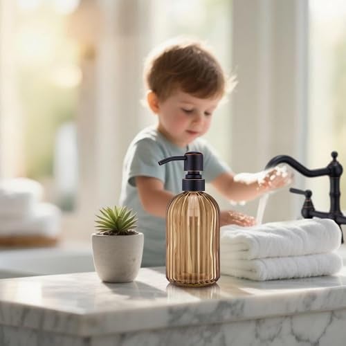 Leetcp 16 OZ Amber Glass Soap Dispenser, Amber Stripe Bathroom Hand Soap Dispensers with Stainless Steel Bronze Pump,Brown Glass Kitchen Hand Soap Dispenser with Oil Rubbed Bronze Pump - Image 2