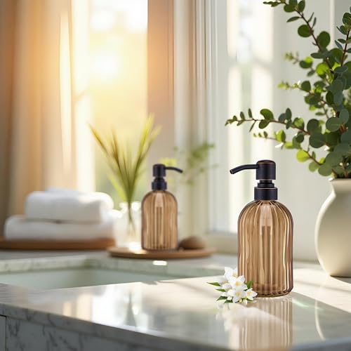 Leetcp 16 OZ Amber Glass Soap Dispenser, Amber Stripe Bathroom Hand Soap Dispensers with Stainless Steel Bronze Pump,Brown Glass Kitchen Hand Soap Dispenser with Oil Rubbed Bronze Pump - Image 4