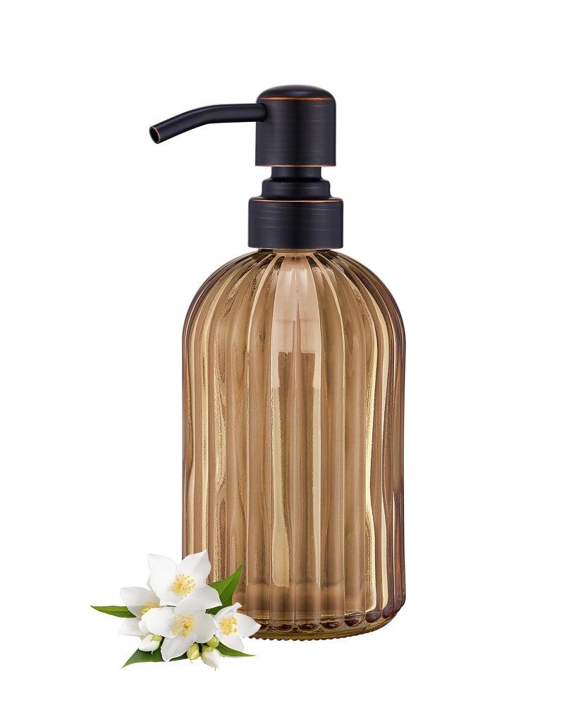 Leetcp 16 OZ Amber Glass Soap Dispenser, Amber Stripe Bathroom Hand Soap Dispensers with Stainless Steel Bronze Pump,Brown Glass Kitchen Hand Soap Dispenser with Oil Rubbed Bronze Pump - Image 1