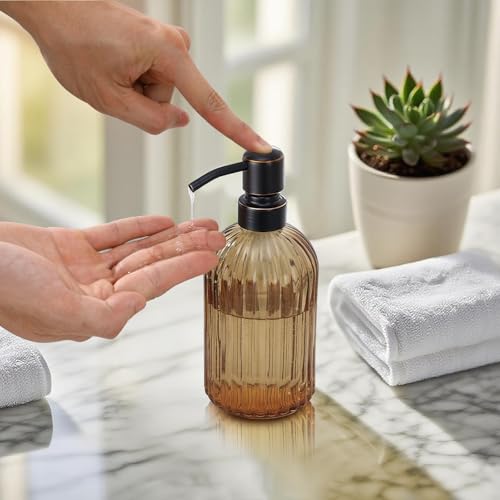 Leetcp 16 OZ Amber Glass Soap Dispenser, Amber Stripe Bathroom Hand Soap Dispensers with Stainless Steel Bronze Pump,Brown Glass Kitchen Hand Soap Dispenser with Oil Rubbed Bronze Pump - Image 3