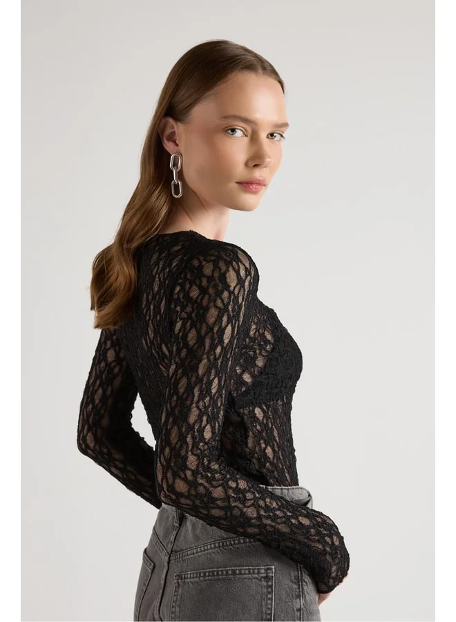 mina aise Women's Black Transparent Lace Short Stretch Blouse 30051.