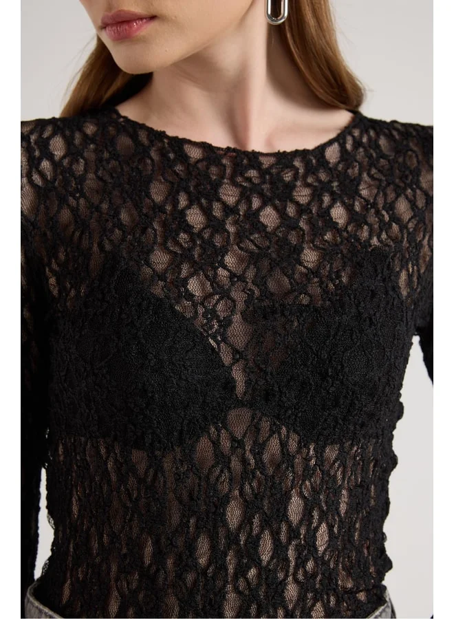 mina aise Women's Black Transparent Lace Short Stretch Blouse 30051.