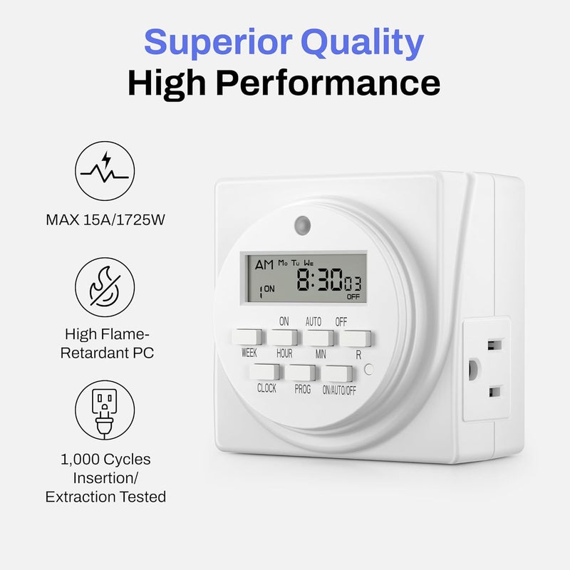BN-LINK Indoor Digital Timer Outlet, Dual Outlet 7 Day Programmable Light Switch, 3 Prong Plug in Timers for Electrical Outlets, Lamps, Fans, 8 On/Off Programs, 2 Pack, 15A/1875W, ETL Listed - Image 4