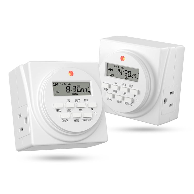 BN-LINK Indoor Digital Timer Outlet, Dual Outlet 7 Day Programmable Light Switch, 3 Prong Plug in Timers for Electrical Outlets, Lamps, Fans, 8 On/Off Programs, 2 Pack, 15A/1875W, ETL Listed - Image 1