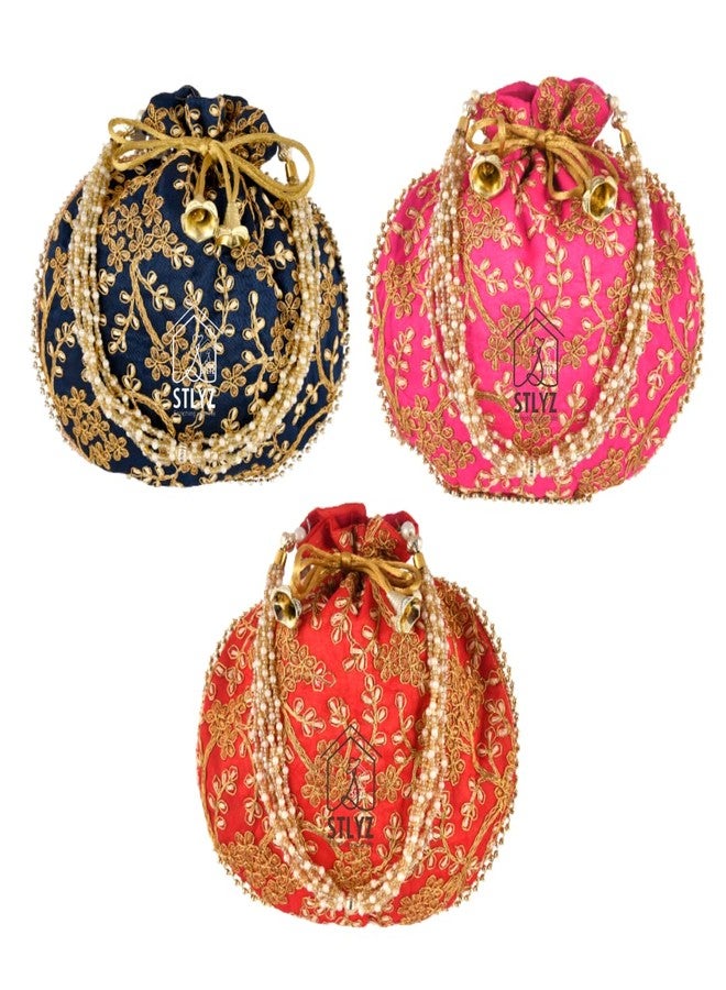 STLYZ Traditional Silk Potli Bag For Women, Embroidered Potli Handbag Wristlets Ethnic Bridal Potli Batwa Bag For Ladies For Wedding Return Gifts (Pack of 3) (AnguriPotli_Packof3) - Image 1
