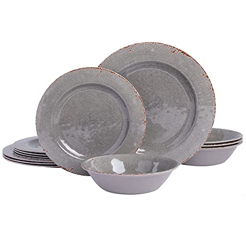 Gibson Home Mauna Melamine Plastic Dinnerware Set, Service for 4 (12pcs), Grey Rustic - Image 1