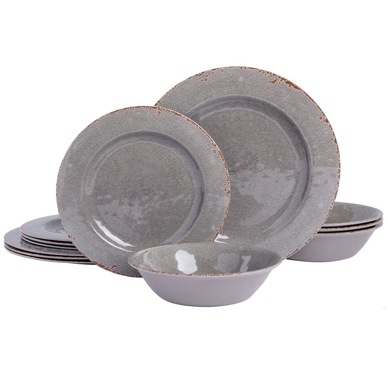 Gibson Home Mauna Melamine Plastic Dinnerware Set, Service for 4 (12pcs), Grey Rustic - Image 5