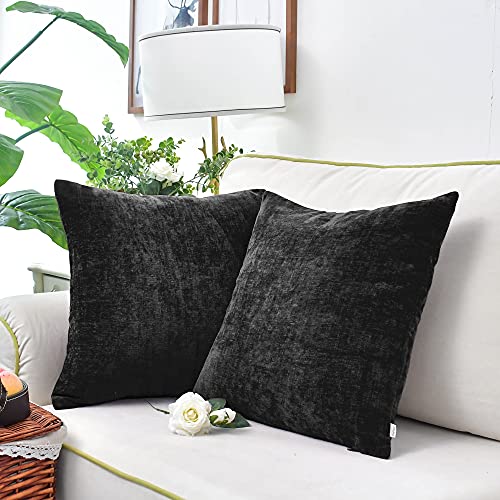CaliTime Pack of 2 Cozy Throw Pillow Covers Cases for Couch Sofa Home Decoration Solid Dyed Soft Chenille 12 X 12 Inches Black - Image 4
