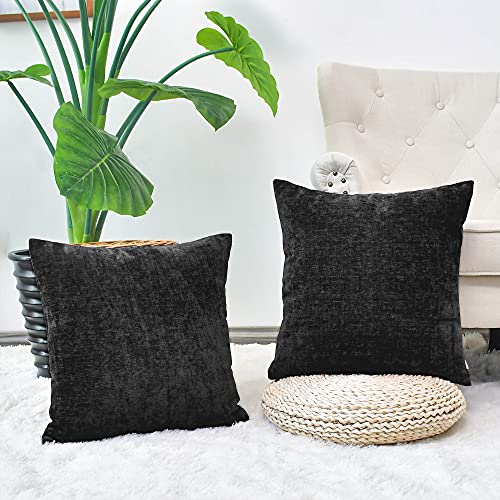 CaliTime Pack of 2 Cozy Throw Pillow Covers Cases for Couch Sofa Home Decoration Solid Dyed Soft Chenille 12 X 12 Inches Black - Image 2