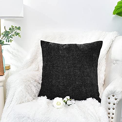 CaliTime Pack of 2 Cozy Throw Pillow Covers Cases for Couch Sofa Home Decoration Solid Dyed Soft Chenille 12 X 12 Inches Black - Image 3