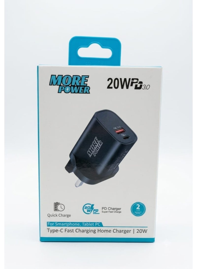MORE POWER 20W Dual Port Fast Wall Charger Adapter with USB-A QC 3.0 & Type-C PD - Black - Image 1