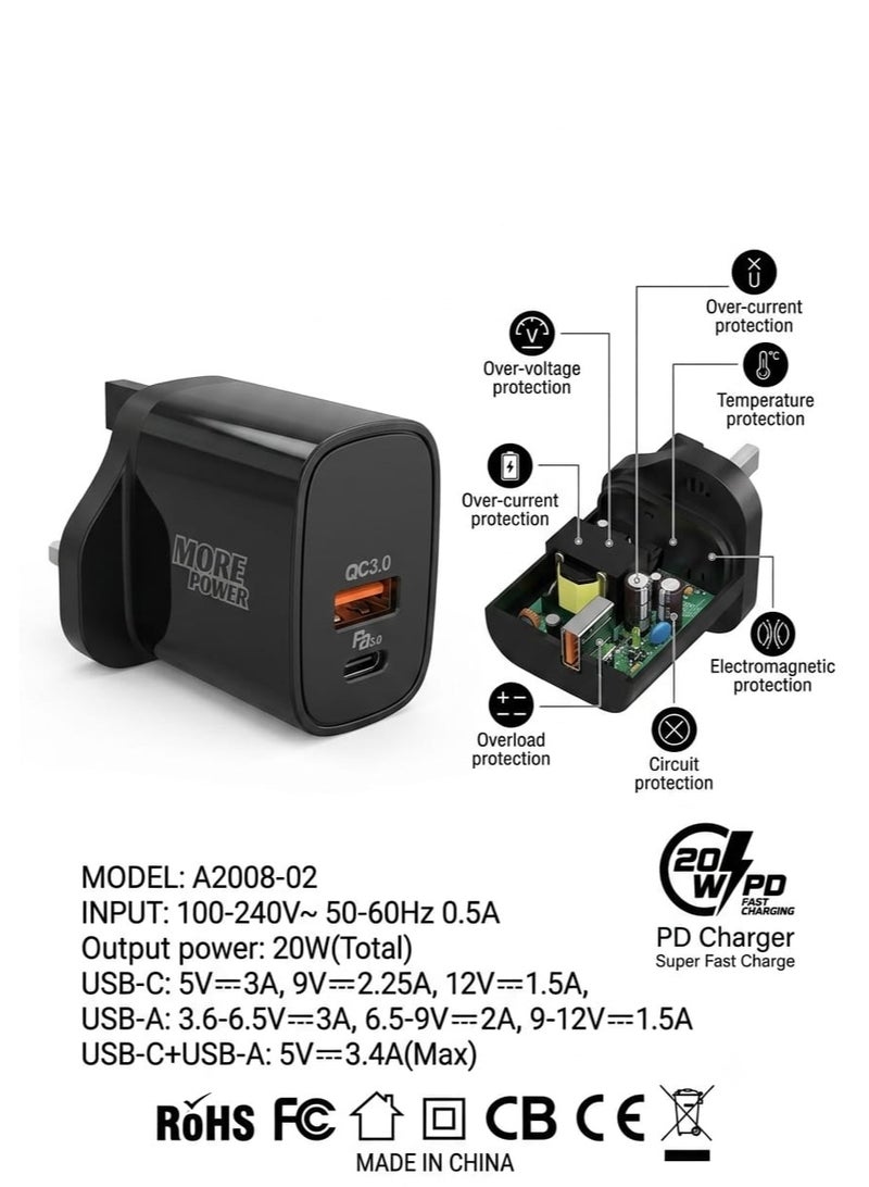 MORE POWER 20W Dual Port Fast Wall Charger Adapter with USB-A QC 3.0 & Type-C PD - Black - Image 2
