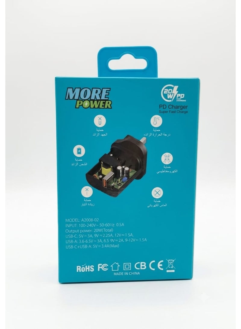 MORE POWER 20W Dual Port Fast Wall Charger Adapter with USB-A QC 3.0 & Type-C PD - Black - Image 3