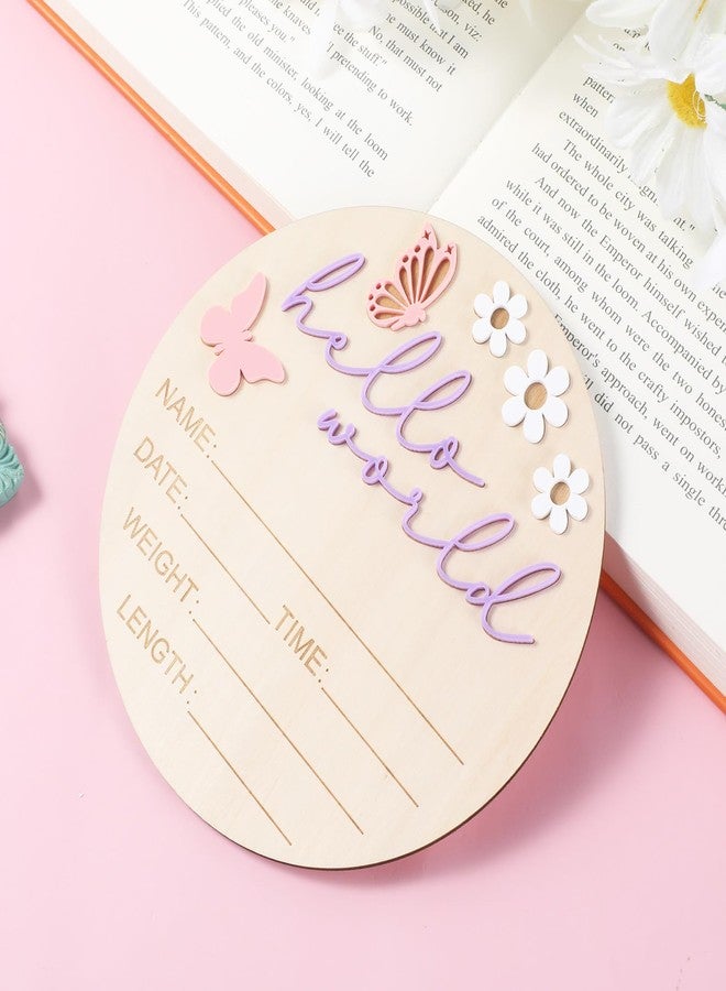 Ajcotahm Hello World Newborn Sign, 5.9 Inch Wooden Baby Announcement Sign Pink Butterfly Style Birth Welcome Board for Newborn Boys Girls Photo Props Baby Shower Hospital Nursery (Purple) - Image 4
