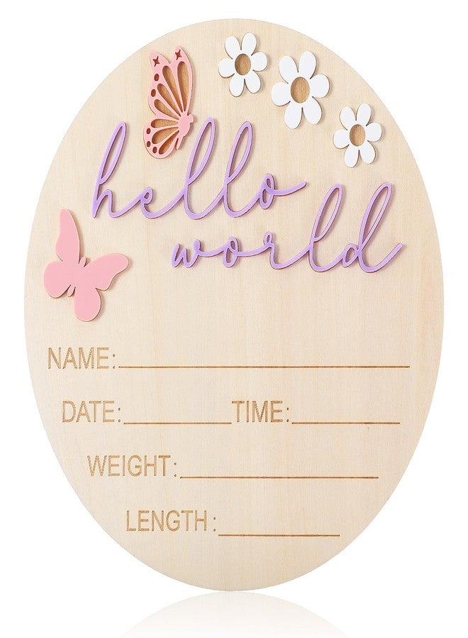 Ajcotahm Hello World Newborn Sign, 5.9 Inch Wooden Baby Announcement Sign Pink Butterfly Style Birth Welcome Board for Newborn Boys Girls Photo Props Baby Shower Hospital Nursery (Purple) - Image 1
