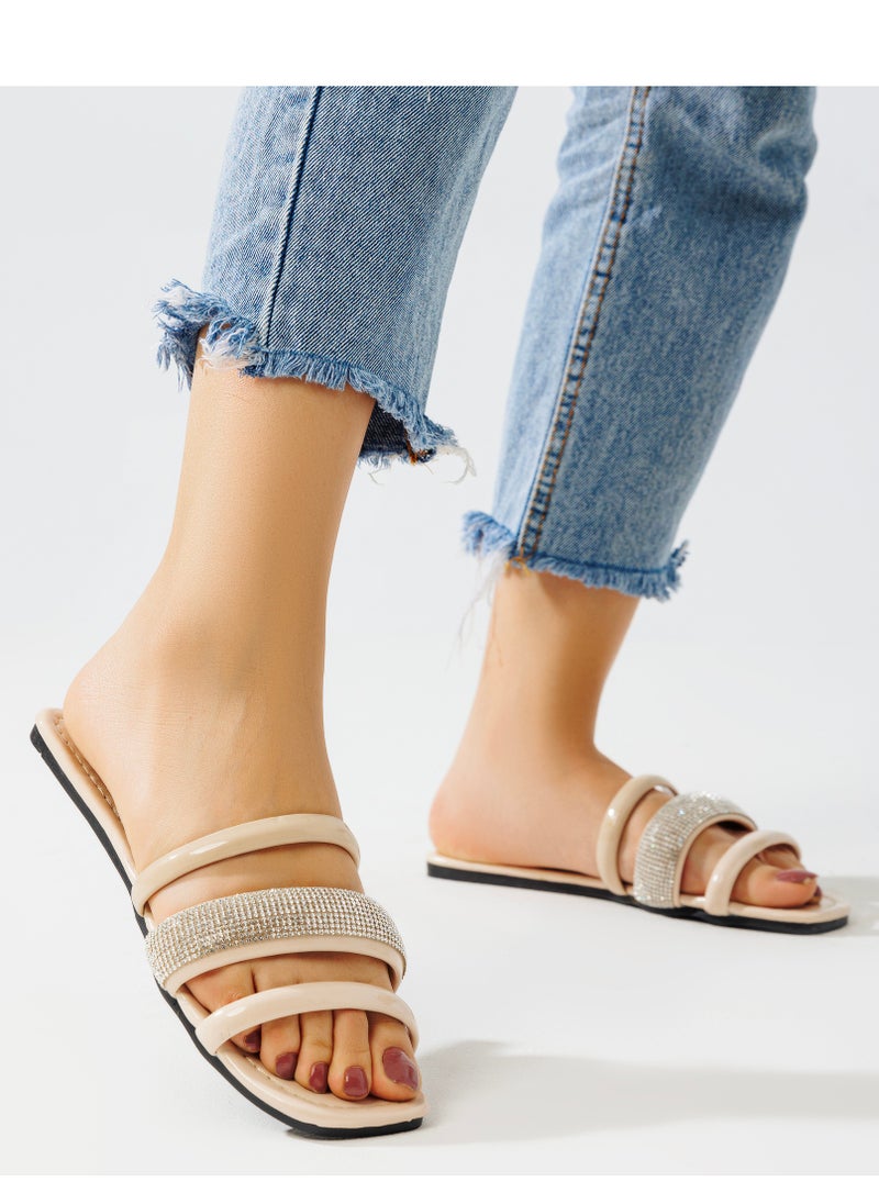 Vbranda - Elegant Leather Flat Slipper With Straps - Beige - Image 1