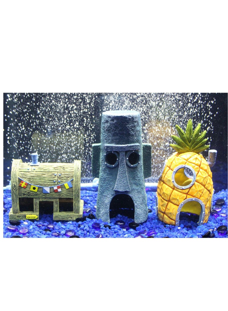 Captaintech SpongeBob Squarepant Pineapple House, Fish Tank Decoration Aquarium Ornament Bridge Landscape Decorative, 3 Pcs Cartoon House Home, Pineapple, Stone Statue and Burger House - Image 2