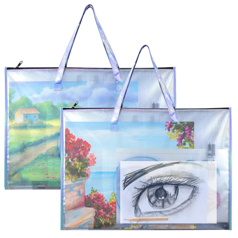 BUSOHA Art Portfolio Bag with Handle and Zipper 2 PACK 19X 25 Clear Waterproof Poster Storage Bag for Artworks Drawing Pads Supplies Charts and Teaching Material Multipurpose