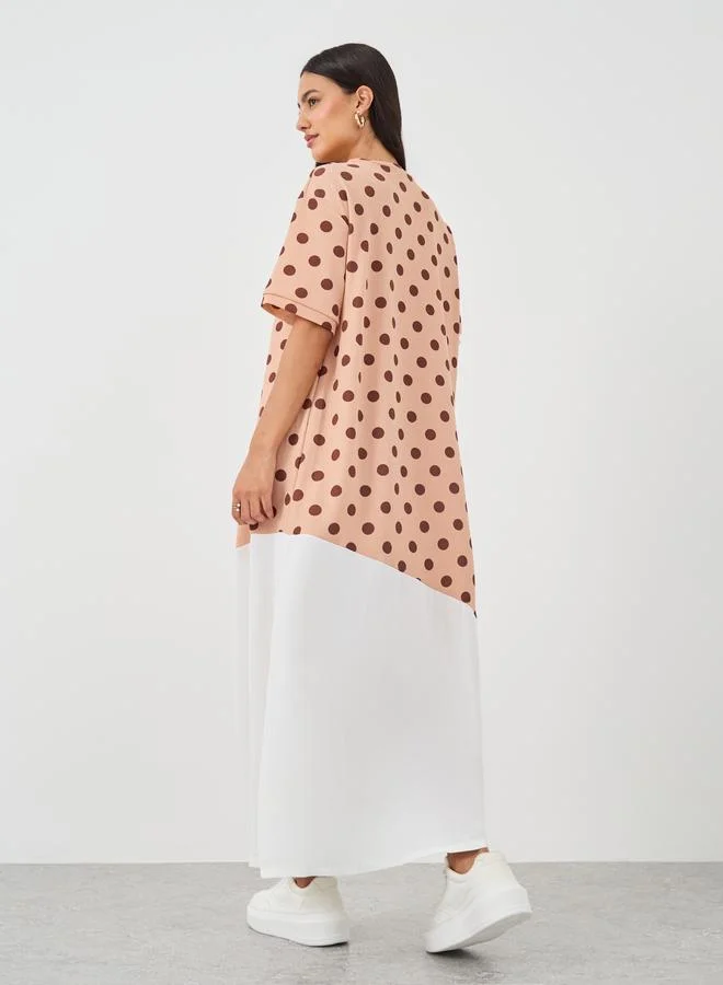تايك تو Take Two Polka Dot Print Color Block Short Sleeve Maxi Dress