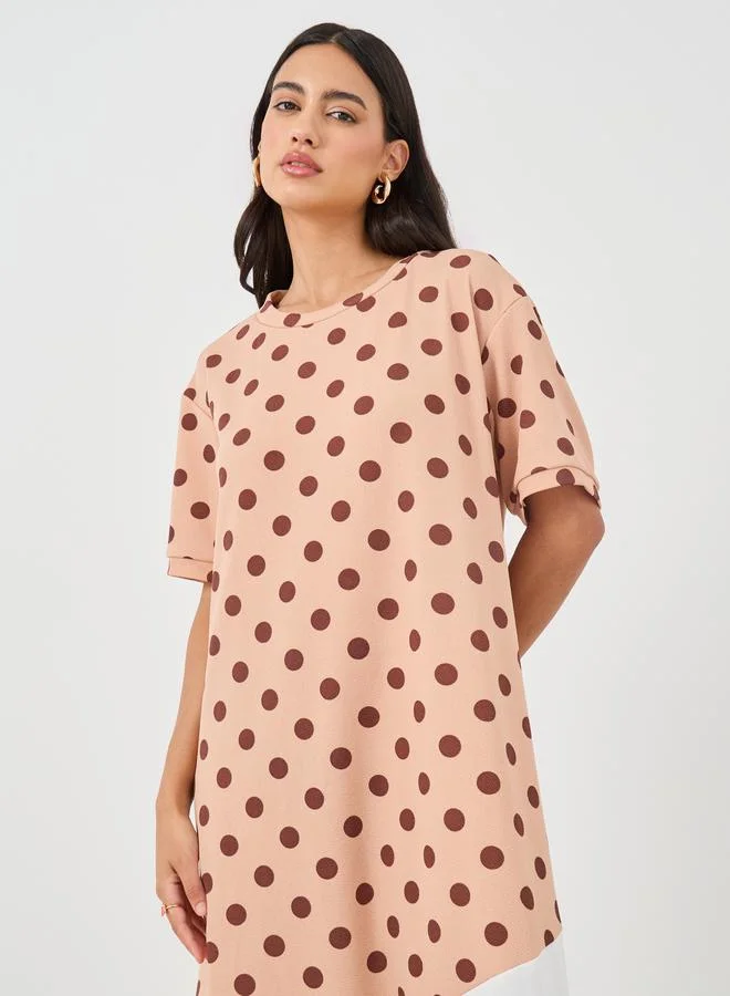 تايك تو Take Two Polka Dot Print Color Block Short Sleeve Maxi Dress