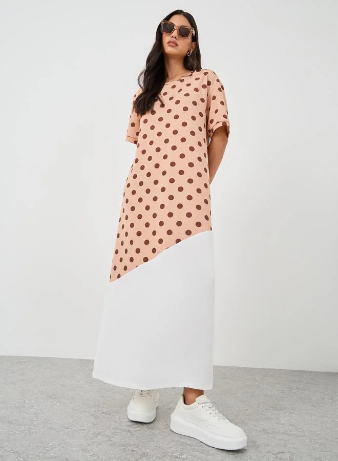 Take Two Take Two Polka Dot Print Color Block Short Sleeve Maxi Dress