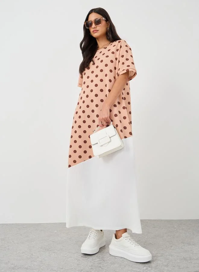 Take Two Take Two Polka Dot Print Color Block Short Sleeve Maxi Dress